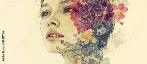 Hand drawn illustration of a woman s face featuring photographic flowers layered on top photo