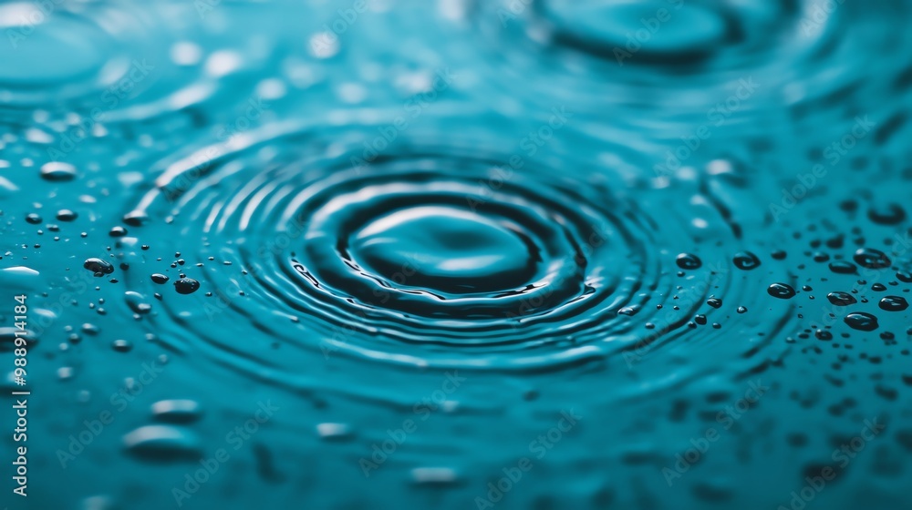 Water droplets create ripples on a turquoise surface, serene and tranquil. Water droplets create ripples on a turquoise surface, serene and tranquil.