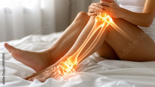 Fit woman holding her knee with her hands. Glowing yellow red pain. Leg inflammation running down the nervous system.