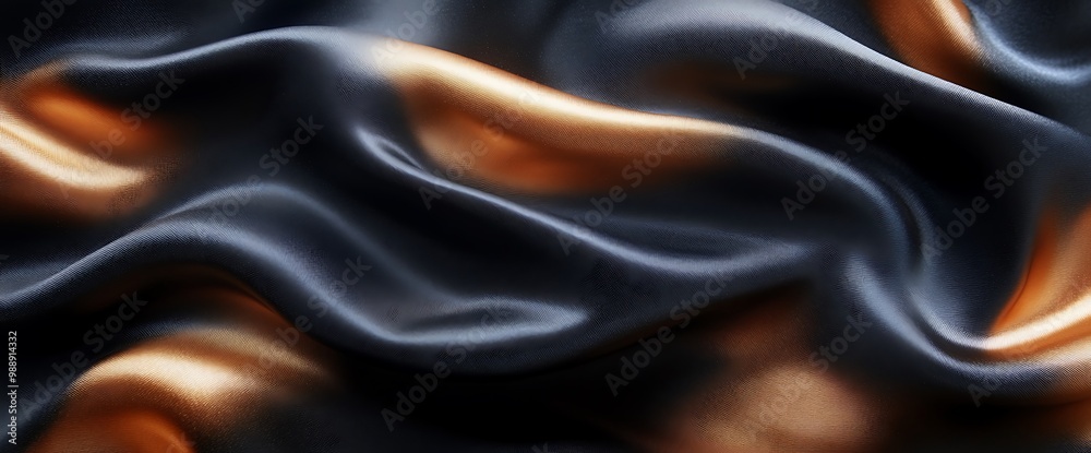 Abstract background of blue and gold satin fabric with soft, flowing folds and wrinkles.