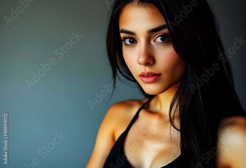 An energetic young female runner in a black crop top and leggings, posing on a gray background