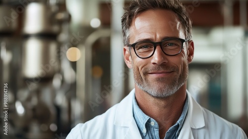 Smiling man in lab coat. This photo is ideal for illustrating the field of science and technology.