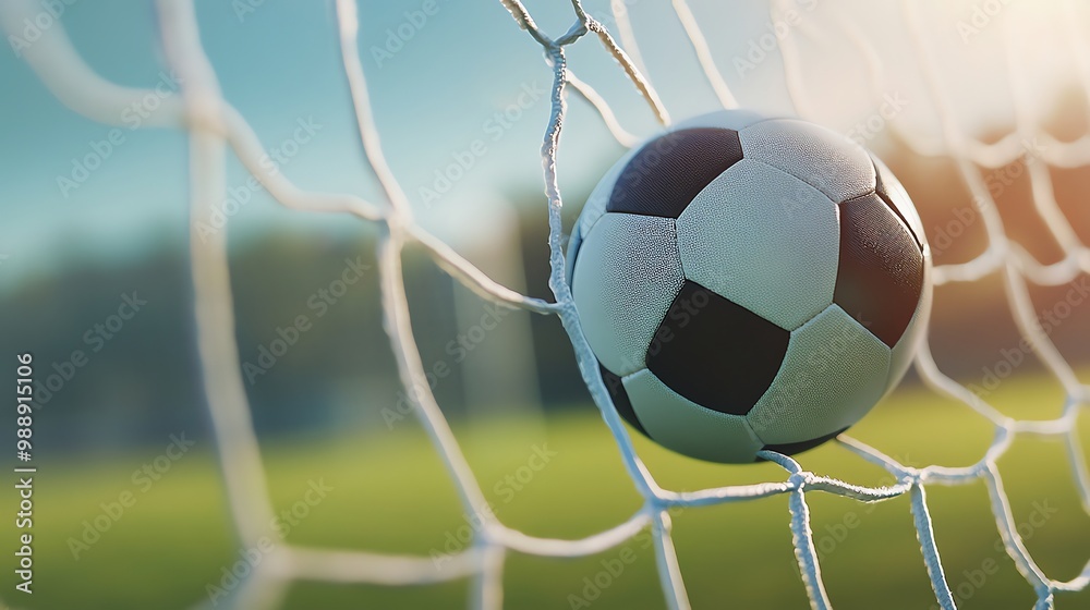 Fototapeta premium A soccer ball sits in the back of the net, representing a goal scored.