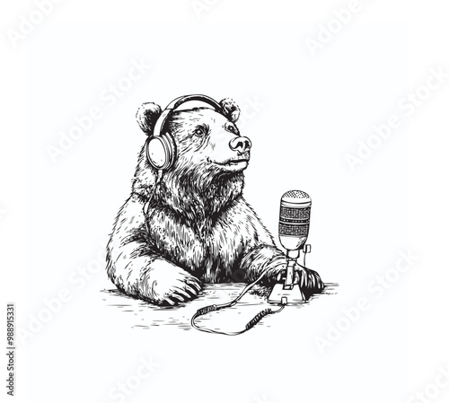 bear in front of microphone and wearing headset