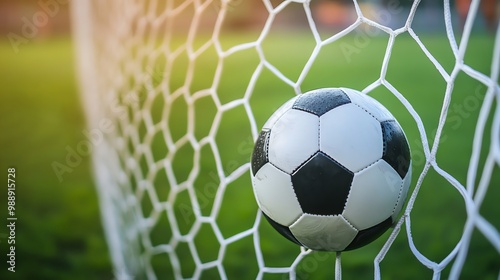 A soccer ball rests in the back of the net, a moment of triumph captured in a close-up.