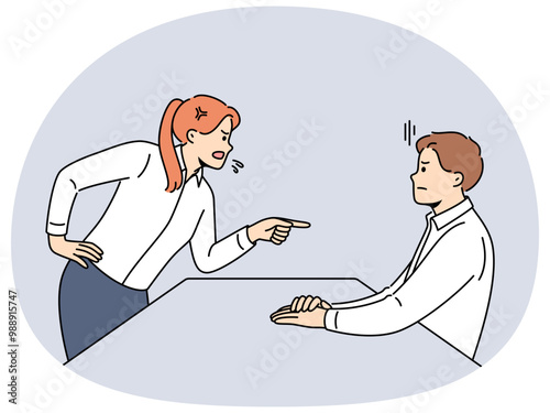 Angry woman manager scolding subordinate yelling at man who made mistake or violated deadline. Aggressive girl manager arguing with colleague sorting things out and insulting for lack of results