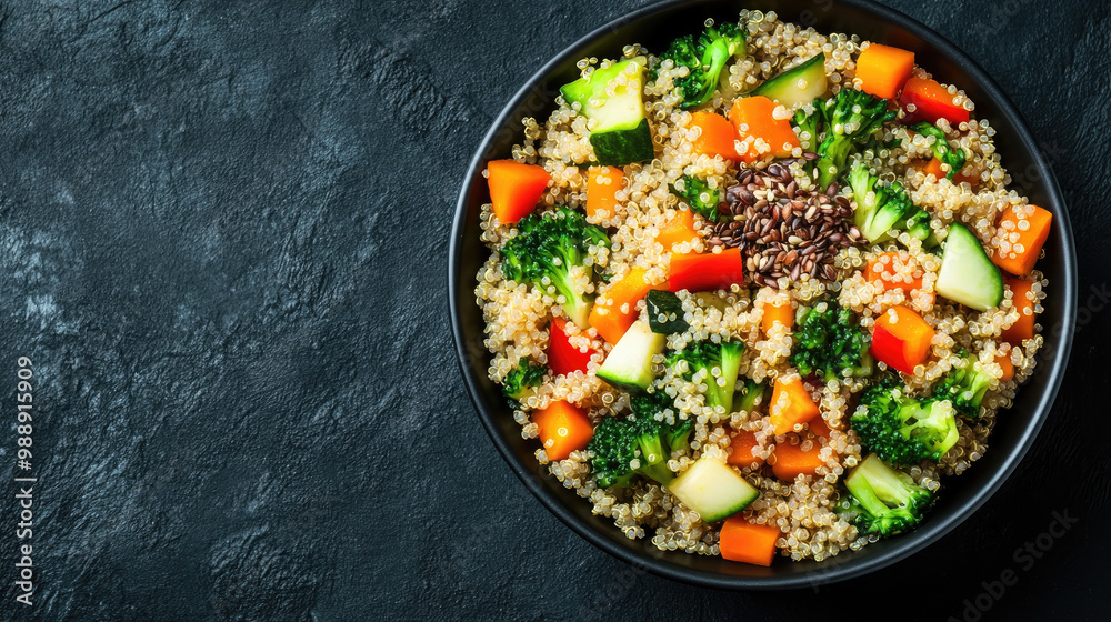 Vibrant Quinoa Salad, a nutritious blend of fluffy quinoa, colorful bell peppers, crisp cucumbers, steamed broccoli, and flaxseeds, served in a sleek black bowl. Vibrant Quinoa Salad, a nutritious blend of fluffy quinoa, colorful bell peppers, crisp cucumbers, steamed broccoli, and flaxseeds, served in a sleek black bowl.