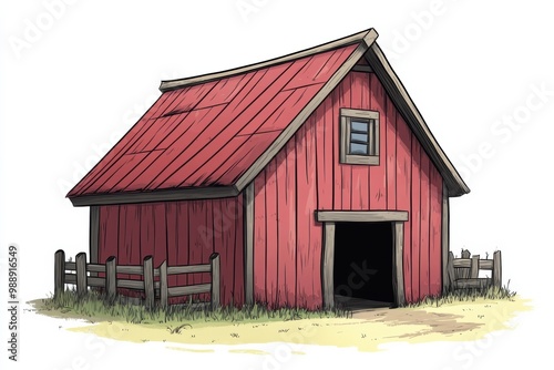 A red barn with a sloped roof and fence, isolated on a white background.