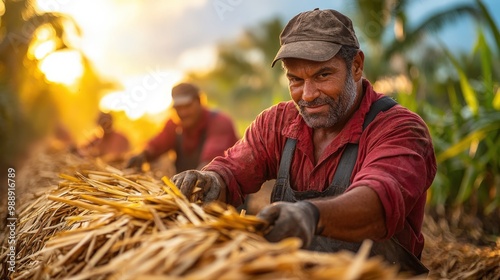 Workers gather sugarcane stalks under the warm sunset glow in a lush field photo