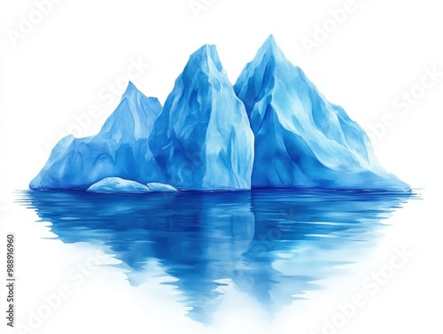 A stunning depiction of blue icebergs reflecting in calm waters, on a white isolated background.