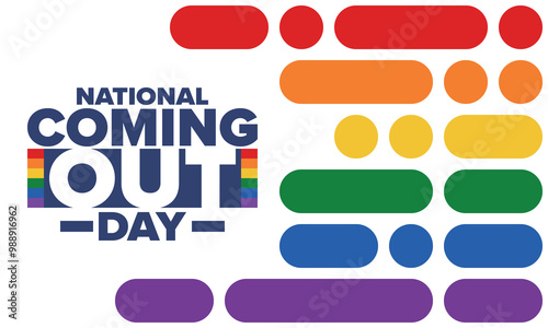 National Coming Out Day. Happy holiday. Pride month. LGBT rainbow flag. Diversity and equality. Gay and lesbian. Free love, heart shape. Illustration. Vector poster