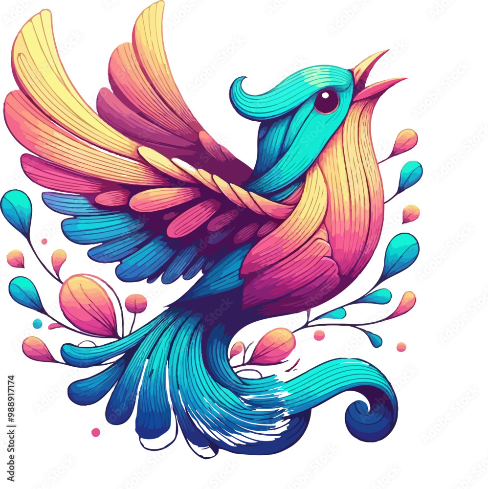 Fototapeta premium Colorful Bird With Flowers, Adobe Illustrator Artwork Vector,