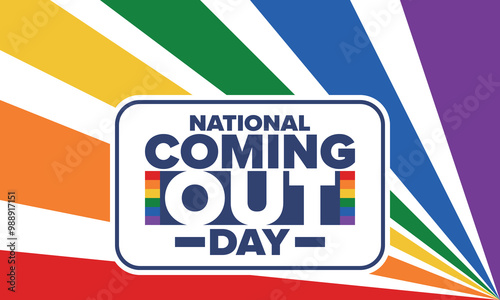 National Coming Out Day. Happy holiday. Pride month. LGBT rainbow flag. Diversity and equality. Gay and lesbian. Free love, heart shape. Illustration. Vector poster