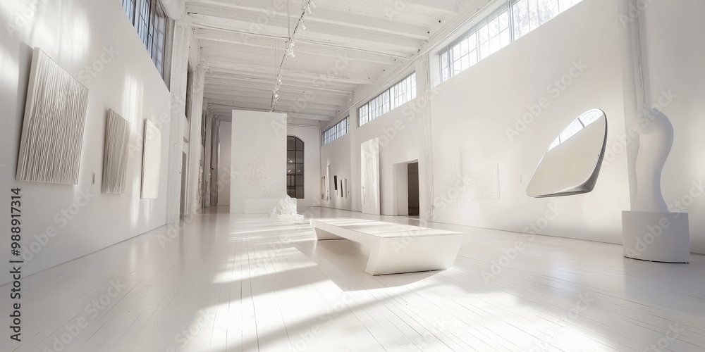 Modern art gallery interior with white walls and paintings Modern art gallery interior with white walls and paintings