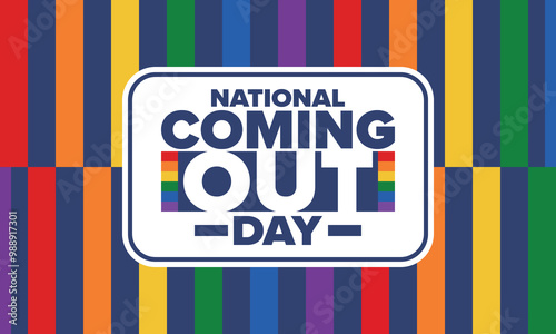 National Coming Out Day. Happy holiday. Pride month. LGBT rainbow flag. Diversity and equality. Gay and lesbian. Free love, heart shape. Illustration. Vector poster