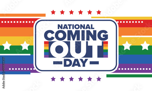 National Coming Out Day. Happy holiday. Pride month. LGBT rainbow flag. Diversity and equality. Gay and lesbian. Free love, heart shape. Illustration. Vector poster