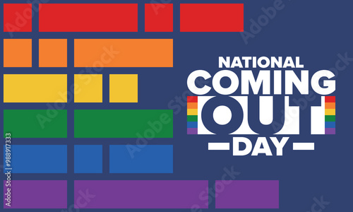 National Coming Out Day. Happy holiday. Pride month. LGBT rainbow flag. Diversity and equality. Gay and lesbian. Free love, heart shape. Illustration. Vector poster