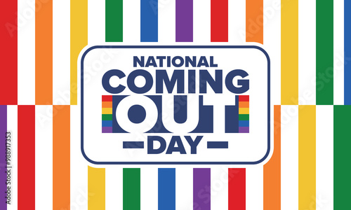 National Coming Out Day. Happy holiday. Pride month. LGBT rainbow flag. Diversity and equality. Gay and lesbian. Free love, heart shape. Illustration. Vector poster