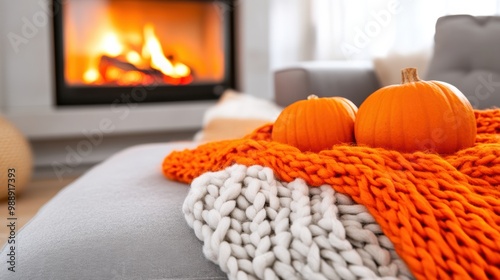 Two orange pumpkins sitting on a blanket in front of the fireplace, AI
