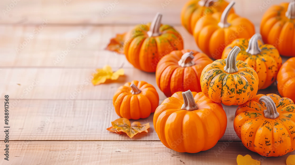 Pumpkins arranged on wooden table with autumn leaves vibrant orange color for seasonal decoration