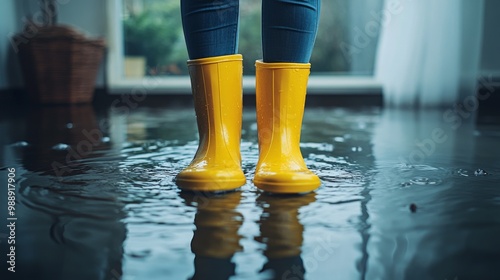 Flooded Room with Person in Yellow Rubber Boots Navigating Water photo