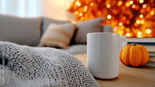 A coffee cup sitting on a table next to some pillows, AI