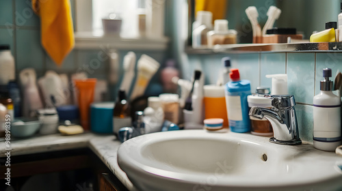 Cluttered Bathroom With Unused Skincare Items and Person Brushing Teeth Lazily photo