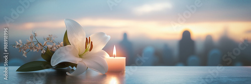 A white lily rests beside a glowing candle, with faint tombstones in the background, symbolizing purity, peace, and quiet remembrance for All Saints' Day.