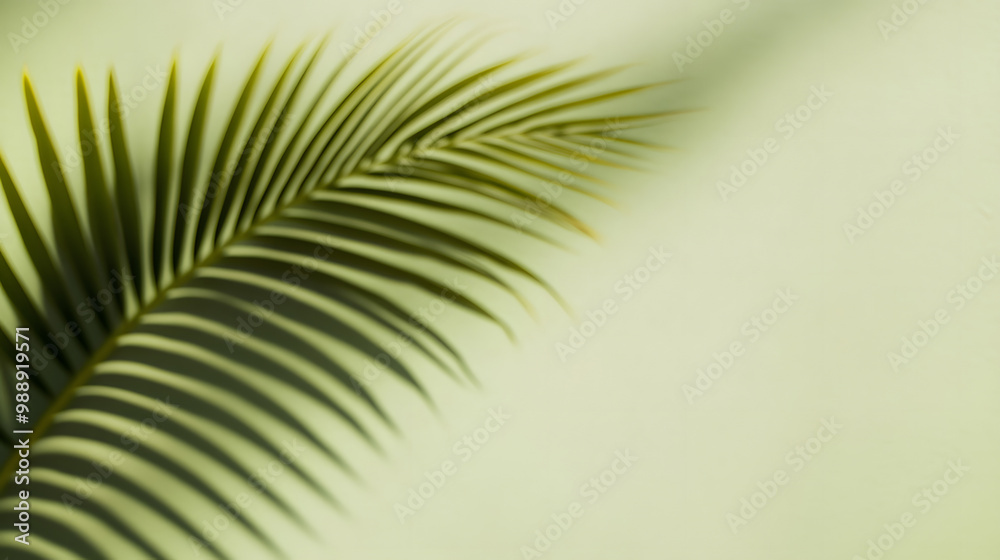 Obraz premium Palm leaf shadow on a green wall background. Olive color stylish flat lay with trendy shadow and sun light.