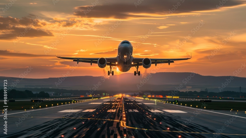 An airplane taking off against a sunset sky, symbolizing flight booking An airplane taking off against a sunset sky, symbolizing flight booking