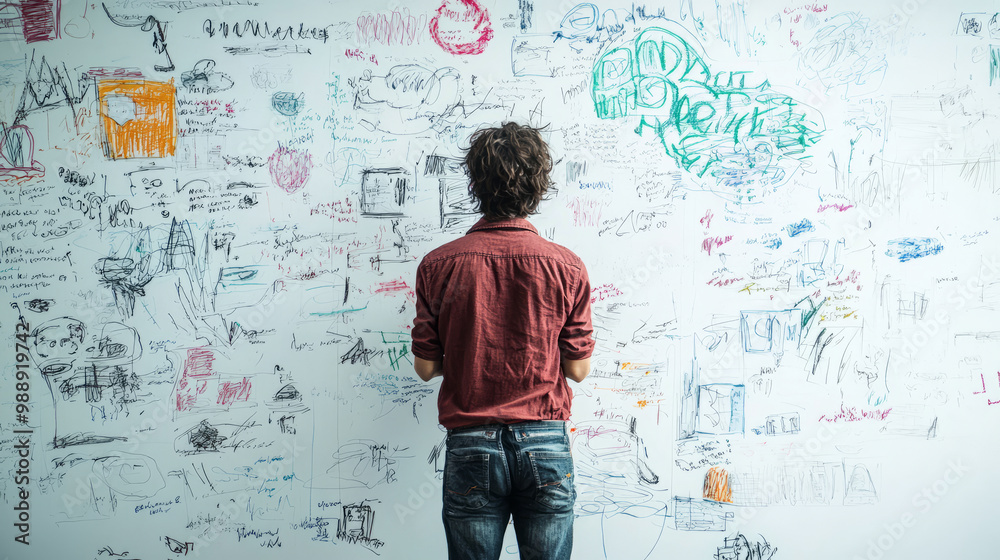 A designer sketching innovative ideas on a large whiteboard during a problem-solving session A designer sketching innovative ideas on a large whiteboard during a problem-solving session
