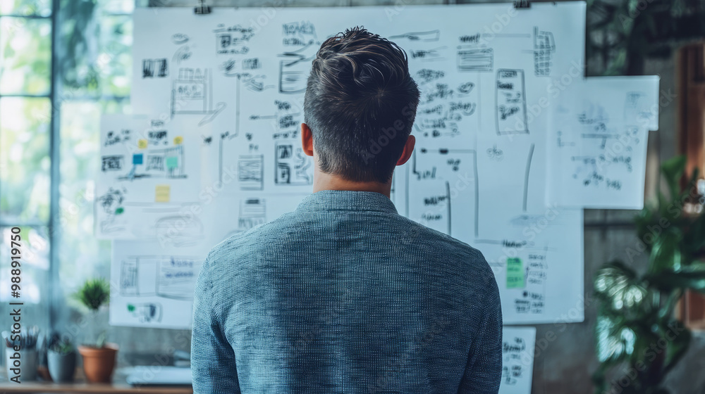 A designer sketching innovative ideas on a large whiteboard during a problem-solving session A designer sketching innovative ideas on a large whiteboard during a problem-solving session