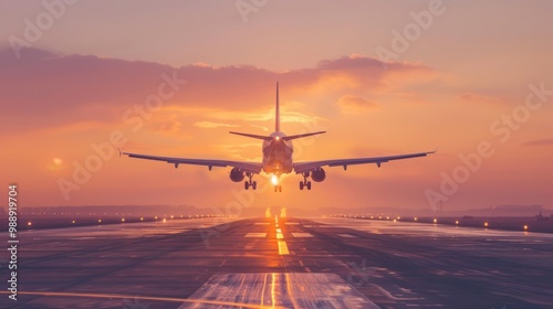 An airplane taking off against a sunset sky, symbolizing flight booking