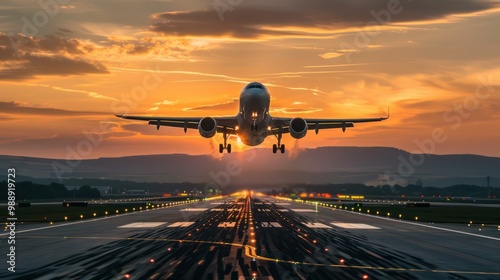 An airplane taking off against a sunset sky, symbolizing flight booking