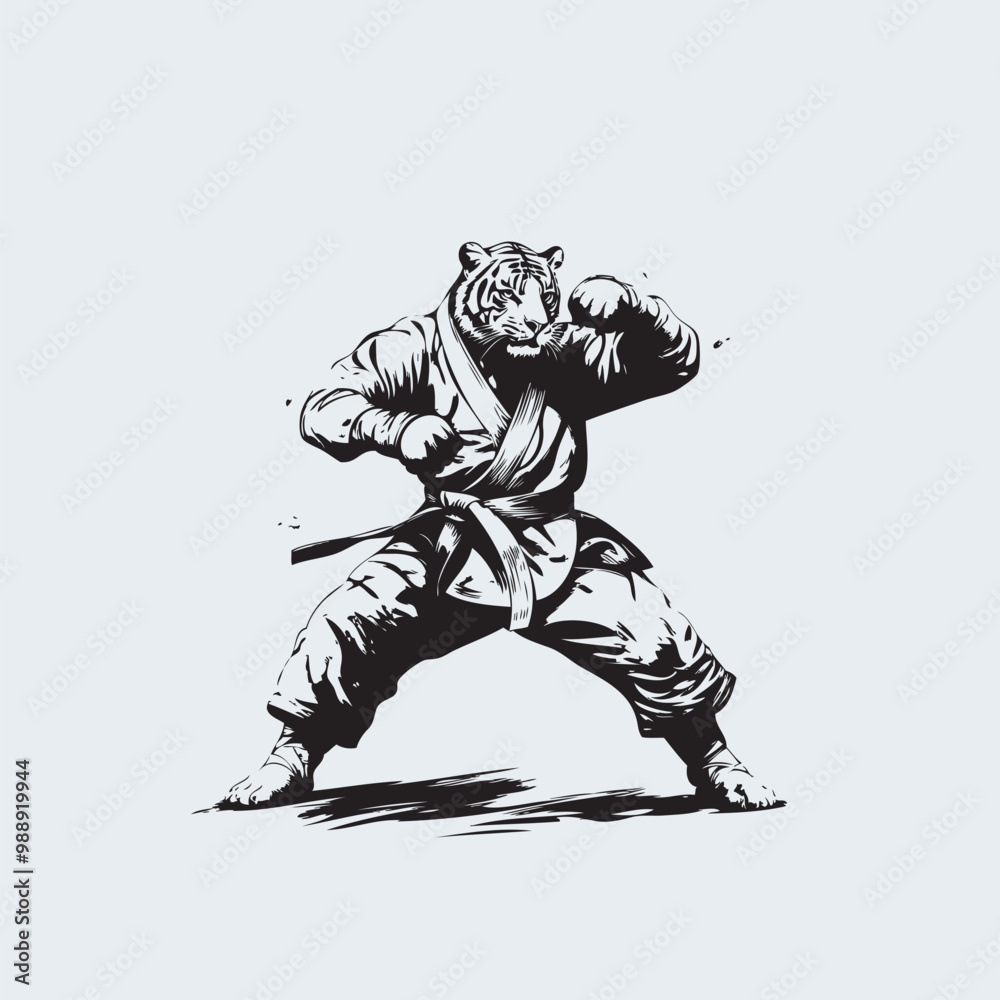 silhouette of a tiger mascot, with martial art fight position silhouette of a tiger mascot, with martial art fight position