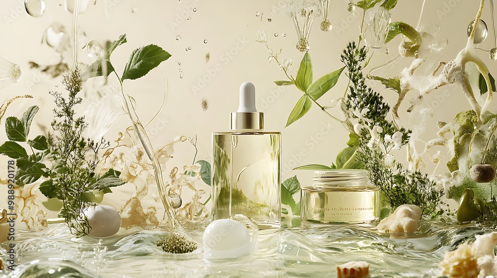 A golden bottle of serum and a jar of cream surrounded by water, plants, and seashells. A golden bottle of serum and a jar of cream surrounded by water, plants, and seashells.
