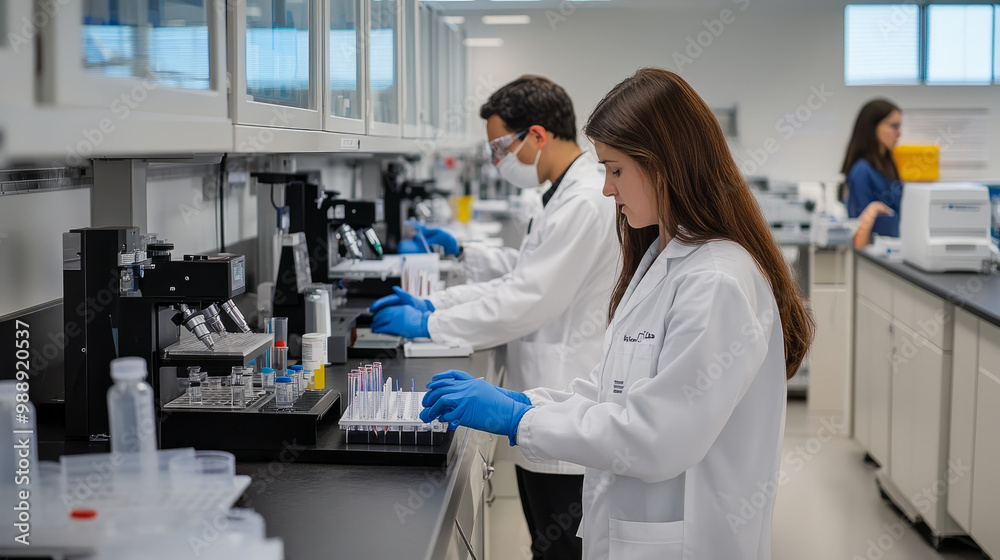 A research team analyzing data and product performance in a sleek, modern lab A research team analyzing data and product performance in a sleek, modern lab