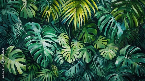 Wallpaper Mural Custom mural wallpaper with vibrant watercolor palm leaves creating a lush tropical forest effect Torontodigital.ca