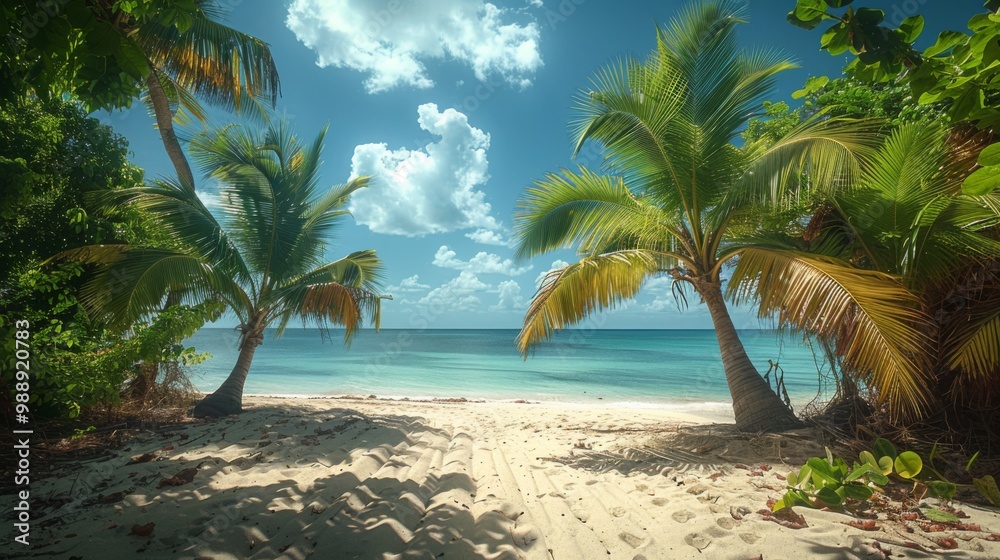 Obraz premium Tropical Beach Paradise with Palm Trees and Blue Waters