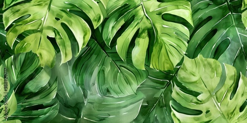 Custom wallpaper mural featuring a bold, watercolor pattern of oversized monstera leaves in a gradient of greens