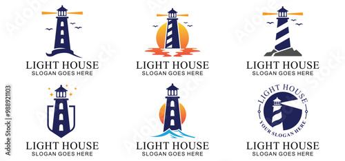 lighthouse logo, with modern minimalist style, blue yellow nuances on white background
