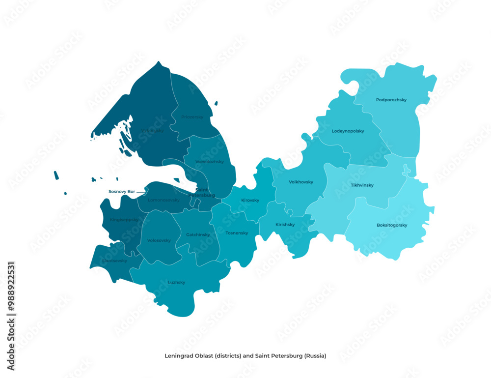 Φωτογραφία Vector isolated administrative simplified map with blue silhouettes of regions in Leningrad Oblast including Saint Petersburg