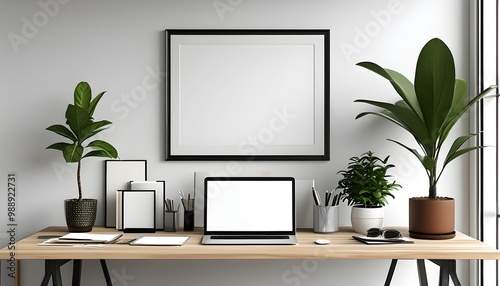 modern minimalist home office workspace showcasing productivity and creativity with a blank frame mockup laptop plant and organized supplies