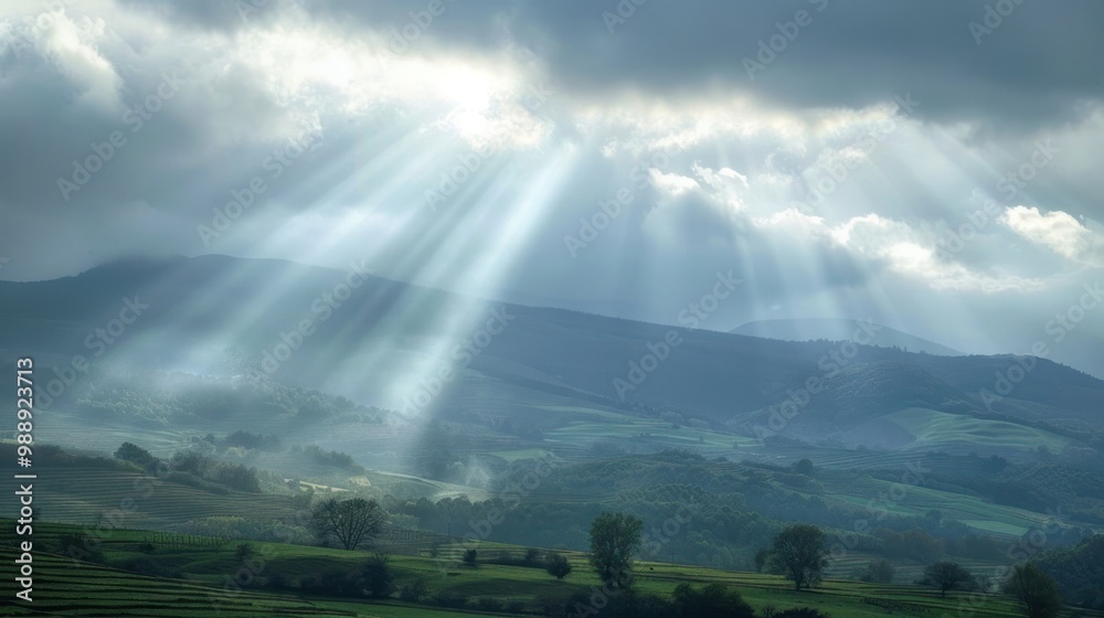 Sunlight breaking through a dense cloud cover, lighting up the landscape Sunlight breaking through a dense cloud cover, lighting up the landscape
