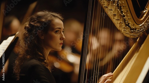 A woman plays the harp in an orchestra.