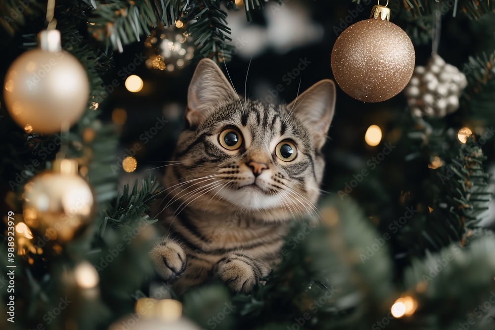 Adorable cat climbed onto decorated festive Christmas tree. Playful curious kitty sits comfortably among branches and glowing garland lights. Holiday mischief and joy, for poster greeting card, banner Adorable cat climbed onto decorated festive Christmas tree. Playful curious kitty sits comfortably among branches and glowing garland lights. Holiday mischief and joy, for poster greeting card, banner