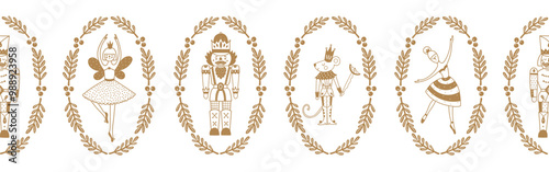 Nutcracker. Cute Christmas gorizontal border. Christmas motifs. Gold color.