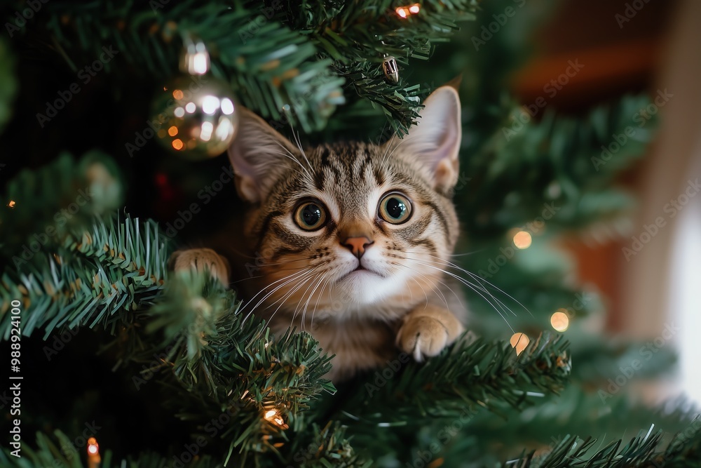 Adorable cat climbed onto decorated festive Christmas tree. Playful curious kitty sits comfortably among branches and glowing garland lights. Holiday mischief and joy, for poster greeting card, banner Adorable cat climbed onto decorated festive Christmas tree. Playful curious kitty sits comfortably among branches and glowing garland lights. Holiday mischief and joy, for poster greeting card, banner