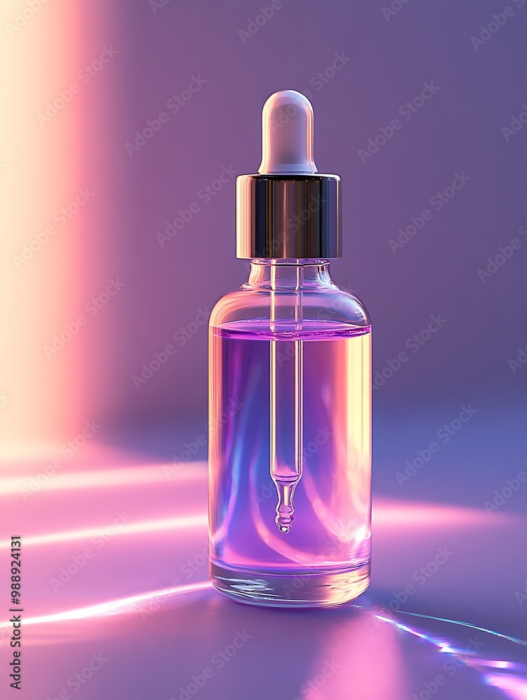 A clear serum bottle with a pipette lid, elegantly placed on a pale lavender background, with the glass reflecting the soft studio lights beautifully A clear serum bottle with a pipette lid, elegantly placed on a pale lavender background, with the glass reflecting the soft studio lights beautifully