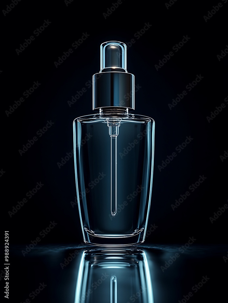 Elegant clear serum bottle on a matte black background, with the transparency of the glass and the purity of the liquid highlighted by the studio lighting Elegant clear serum bottle on a matte black background, with the transparency of the glass and the purity of the liquid highlighted by the studio lighting